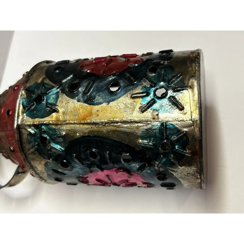 Vintage Handmade Mexican Punched Tin Lantern Luminary Folk Art Candle Holder